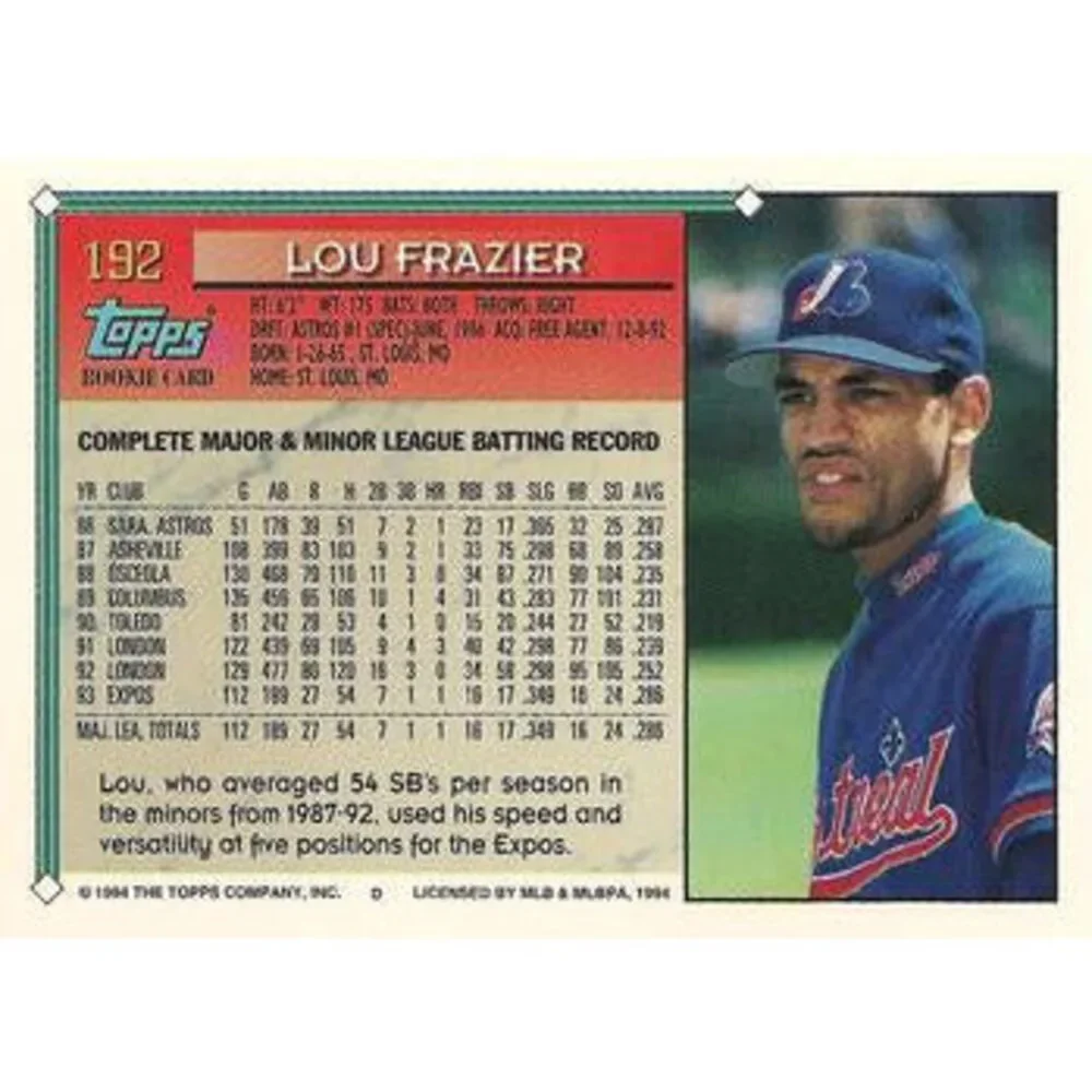 1994 Topps Lou Frazier RC # 192 Montreal Expos